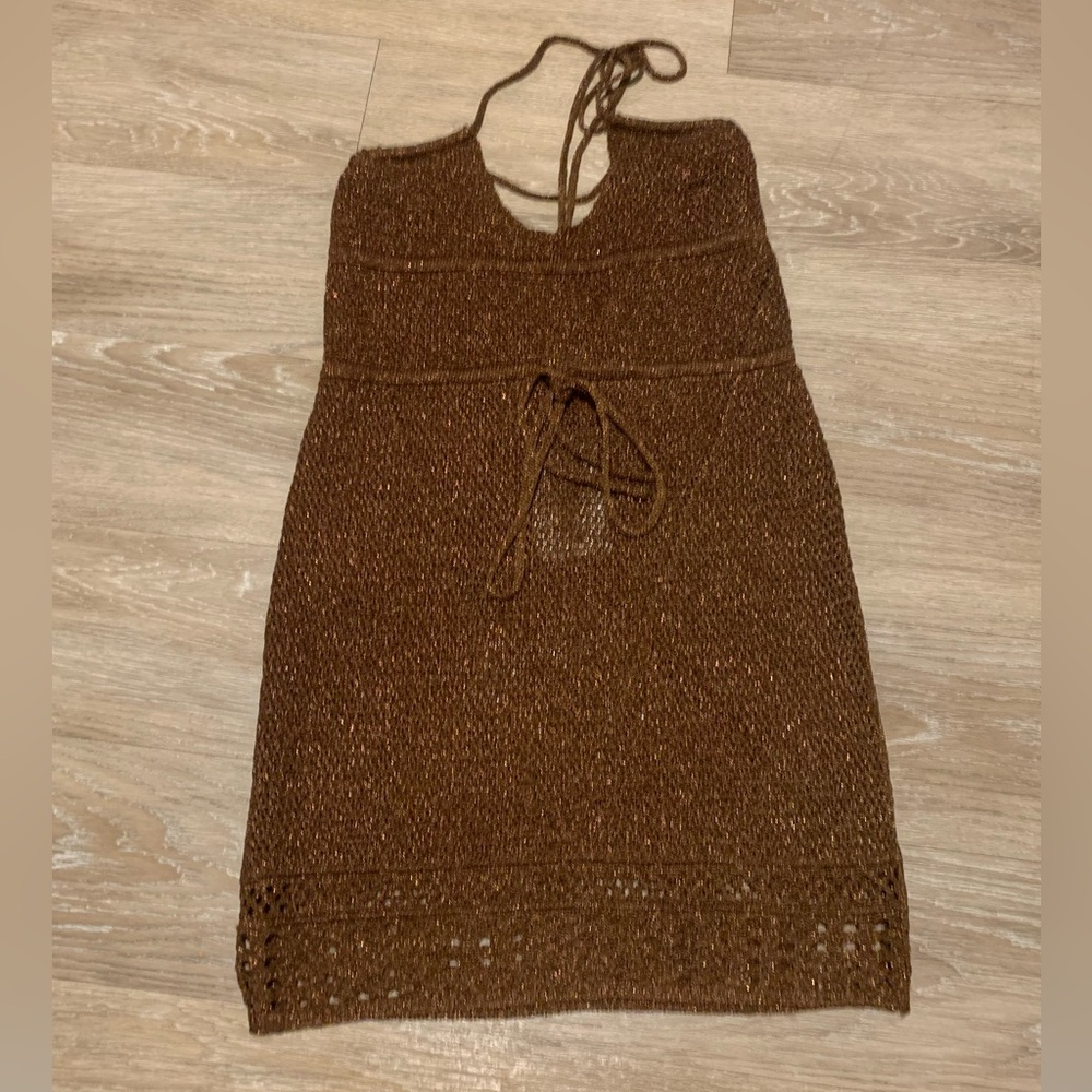 OUTCAST Brown Crochet Halter Mini Dress